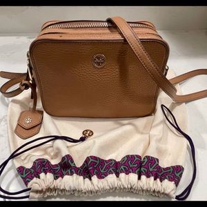 Tory Burch Robinson Pebbled Leather Camel Tan Crossbody Camera Bag